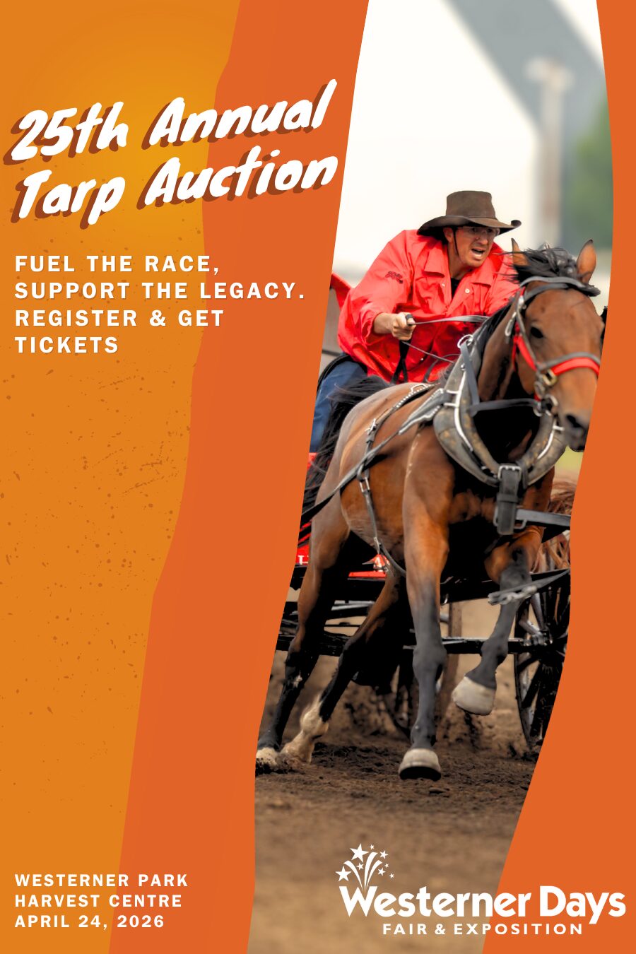 Chuckwagon and chariot races at Westerner Days Tarp Auction in Red Deer Alberta, featuring local drivers, sponsors, and cheering fans.